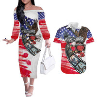 Pearl Harbor Remembrance Day Personalized Couples Matching Off The Shoulder Long Sleeve Dress and Hawaiian Shirt Lest We Forget - The Bald Eagle Remembers LT03 White - Polynesian Pride