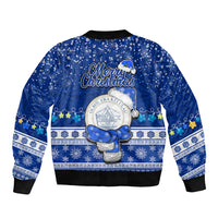 Palau Christmas Bomber Jacket Snowman Hugs Palau Coat of Arms Maori Pattern Blue Style LT03 - Polynesian Pride