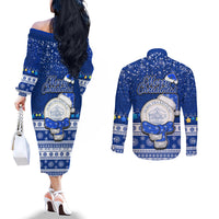 Palau Christmas Couples Matching Off The Shoulder Long Sleeve Dress and Long Sleeve Button Shirt Snowman Hugs Palau Coat of Arms Maori Pattern Blue Style LT03 - Polynesian Pride