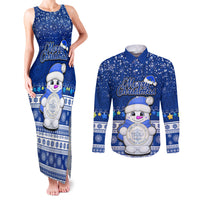 Palau Christmas Couples Matching Tank Maxi Dress and Long Sleeve Button Shirt Snowman Hugs Palau Coat of Arms Maori Pattern Blue Style LT03 Blue - Polynesian Pride