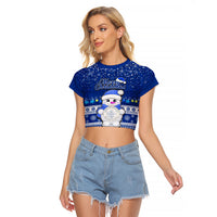 Palau Christmas Raglan Cropped T Shirt Snowman Hugs Palau Coat of Arms Maori Pattern Blue Style LT03 Female Blue - Polynesian Pride