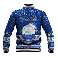 Personalised Palau Christmas Baseball Jacket Snowman Hugs Palau Coat of Arms Maori Pattern Blue Style LT03 - Polynesian Pride