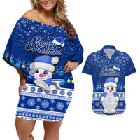Personalised Palau Christmas Couples Matching Off Shoulder Short Dress and Hawaiian Shirt Snowman Hugs Palau Coat of Arms Maori Pattern Blue Style LT03 Blue - Polynesian Pride