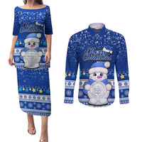 Personalised Palau Christmas Couples Matching Puletasi Dress and Long Sleeve Button Shirt Snowman Hugs Palau Coat of Arms Maori Pattern Blue Style LT03 Blue - Polynesian Pride