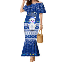 Personalised Palau Christmas Family Matching Mermaid Dress and Hawaiian Shirt Snowman Hugs Palau Coat of Arms Maori Pattern Blue Style LT03 Mom's Dress Blue - Polynesian Pride