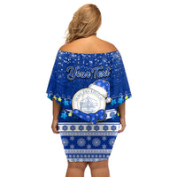 Personalised Palau Christmas Family Matching Off Shoulder Short Dress and Hawaiian Shirt Snowman Hugs Palau Coat of Arms Maori Pattern Blue Style LT03 - Polynesian Pride