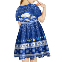 Personalised Palau Christmas Kid Short Sleeve Dress Snowman Hugs Palau Coat of Arms Maori Pattern Blue Style LT03 - Polynesian Pride