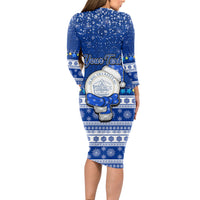 Personalised Palau Christmas Long Sleeve Bodycon Dress Snowman Hugs Palau Coat of Arms Maori Pattern Blue Style LT03 - Polynesian Pride
