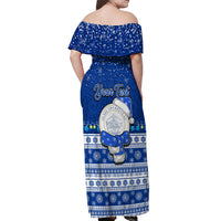 Personalised Palau Christmas Off Shoulder Maxi Dress Snowman Hugs Palau Coat of Arms Maori Pattern Blue Style LT03 - Polynesian Pride