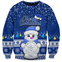 Personalised Palau Christmas Sweatshirt Snowman Hugs Palau Coat of Arms Maori Pattern Blue Style LT03 Unisex Blue - Polynesian Pride