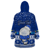 Personalised Palau Christmas Wearable Blanket Hoodie Snowman Hugs Palau Coat of Arms Maori Pattern Blue Style LT03 - Polynesian Pride