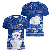 Personalised Palau Christmas Women V Neck T Shirt Snowman Hugs Palau Coat of Arms Maori Pattern Blue Style LT03 - Polynesian Pride