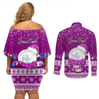 Personalised Palau Christmas Couples Matching Off Shoulder Short Dress and Long Sleeve Button Shirt Snowman Hugs Palau Coat of Arms Maori Pattern Pink Style LT03 - Polynesian Pride