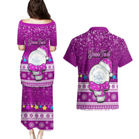 Personalised Palau Christmas Couples Matching Puletasi Dress and Hawaiian Shirt Snowman Hugs Palau Coat of Arms Maori Pattern Pink Style LT03 - Polynesian Pride