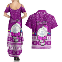 Personalised Palau Christmas Couples Matching Summer Maxi Dress and Hawaiian Shirt Snowman Hugs Palau Coat of Arms Maori Pattern Pink Style LT03 - Polynesian Pride