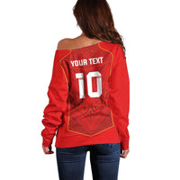 Custom Mate Ma'a Tonga Rugby Off Shoulder Sweater Ngatu Tribal Motifs Sporty Style - Polynesian Pride