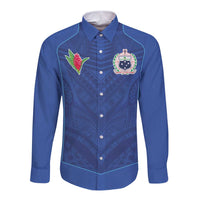 Custom Samoa Rugby Long Sleeve Button Shirt Tatau Tribal Motifs Sporty Style LT03 Unisex Blue - Polynesian Pride