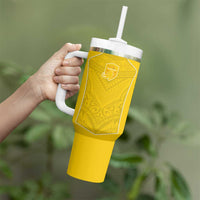 Custom Niue Rugby Tumbler With Handle Hiapo Tribal Motifs Sporty Style - Polynesian Pride