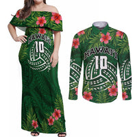 Custom Hawaii Volleyball Couples Matching Off Shoulder Maxi Dress and Long Sleeve Button Shirt Kakau Abstract and Tropical Plants Green Color - Polynesian Pride