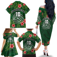 Custom Hawaii Volleyball Family Matching Off The Shoulder Long Sleeve Dress and Hawaiian Shirt Kakau Abstract and Tropical Plants Green Color - Polynesian Pride