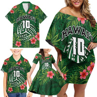 Custom Hawaii Volleyball Family Matching Off Shoulder Short Dress and Hawaiian Shirt Kakau Abstract and Tropical Plants Green Color - Polynesian Pride