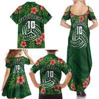 Custom Hawaii Volleyball Family Matching Summer Maxi Dress and Hawaiian Shirt Kakau Abstract and Tropical Plants Green Color - Polynesian Pride