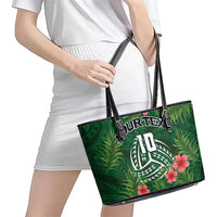 Custom Hawaii Volleyball Leather Tote Bag Kakau Abstract and Tropical Plants Green Color LT03 - Polynesian Pride