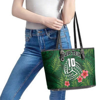 Custom Hawaii Volleyball Leather Tote Bag Kakau Abstract and Tropical Plants Green Color LT03 - Polynesian Pride