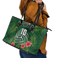 Custom Hawaii Volleyball Leather Tote Bag Kakau Abstract and Tropical Plants Green Color LT03 - Polynesian Pride