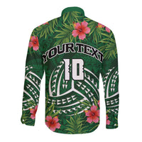 Custom Hawaii Volleyball Long Sleeve Button Shirt Kakau Abstract and Tropical Plants Green Color - Polynesian Pride