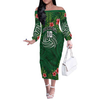 Custom Hawaii Volleyball Off The Shoulder Long Sleeve Dress Kakau Abstract and Tropical Plants Green Color - Polynesian Pride