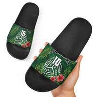 Custom Hawaii Volleyball Slide Sandals Kakau Abstract and Tropical Plants Green Color LT03 - Polynesian Pride