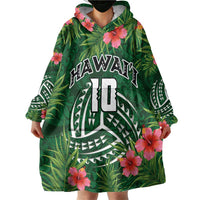 Custom Hawaii Volleyball Wearable Blanket Hoodie Kakau Abstract and Tropical Plants Green Color - Polynesian Pride