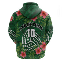 Custom Hawaii Volleyball Zip Hoodie Kakau Abstract and Tropical Plants Green Color - Polynesian Pride