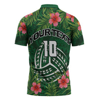 Custom Hawaii Volleyball Zipper Polo Shirt Kakau Abstract and Tropical Plants Green Color - Polynesian Pride
