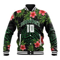 Custom Hawaii Volleyball Baseball Jacket Kakau Abstract and Tropical Plants Black Color - Polynesian Pride
