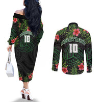 Custom Hawaii Volleyball Couples Matching Off The Shoulder Long Sleeve Dress and Long Sleeve Button Shirt Kakau Abstract and Tropical Plants Black Color - Polynesian Pride