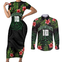 Custom Hawaii Volleyball Couples Matching Short Sleeve Bodycon Dress and Long Sleeve Button Shirt Kakau Abstract and Tropical Plants Black Color - Polynesian Pride