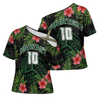 Custom Hawaii Volleyball Cross Shoulder Shirt Kakau Abstract and Tropical Plants Black Color - Polynesian Pride