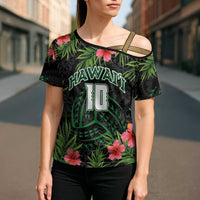Custom Hawaii Volleyball Cross Shoulder Shirt Kakau Abstract and Tropical Plants Black Color - Polynesian Pride