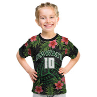 Custom Hawaii Volleyball Kid T Shirt Kakau Abstract and Tropical Plants Black Color - Polynesian Pride