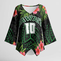 Custom Hawaii Volleyball Kimono Sleeve Blouse Kakau Abstract and Tropical Plants Black Color - Polynesian Pride