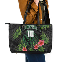 Custom Hawaii Volleyball Leather Tote Bag Kakau Abstract and Tropical Plants Black Color LT03 - Polynesian Pride