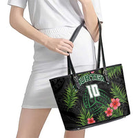 Custom Hawaii Volleyball Leather Tote Bag Kakau Abstract and Tropical Plants Black Color LT03 - Polynesian Pride