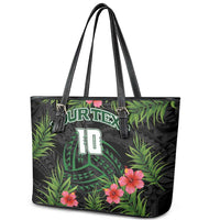 Custom Hawaii Volleyball Leather Tote Bag Kakau Abstract and Tropical Plants Black Color LT03 - Polynesian Pride