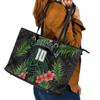 Custom Hawaii Volleyball Leather Tote Bag Kakau Abstract and Tropical Plants Black Color LT03 - Polynesian Pride