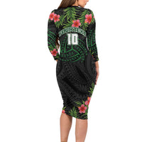 Custom Hawaii Volleyball Long Sleeve Bodycon Dress Kakau Abstract and Tropical Plants Black Color - Polynesian Pride