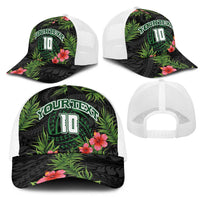 Custom Hawaii Volleyball Mesh Trucker Cap Kakau Abstract and Tropical Plants Black Color LT03 - Polynesian Pride