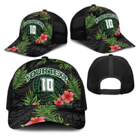 Custom Hawaii Volleyball Mesh Trucker Cap Kakau Abstract and Tropical Plants Black Color LT03 - Polynesian Pride