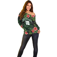 Custom Hawaii Volleyball Off Shoulder Sweater Kakau Abstract and Tropical Plants Black Color - Polynesian Pride